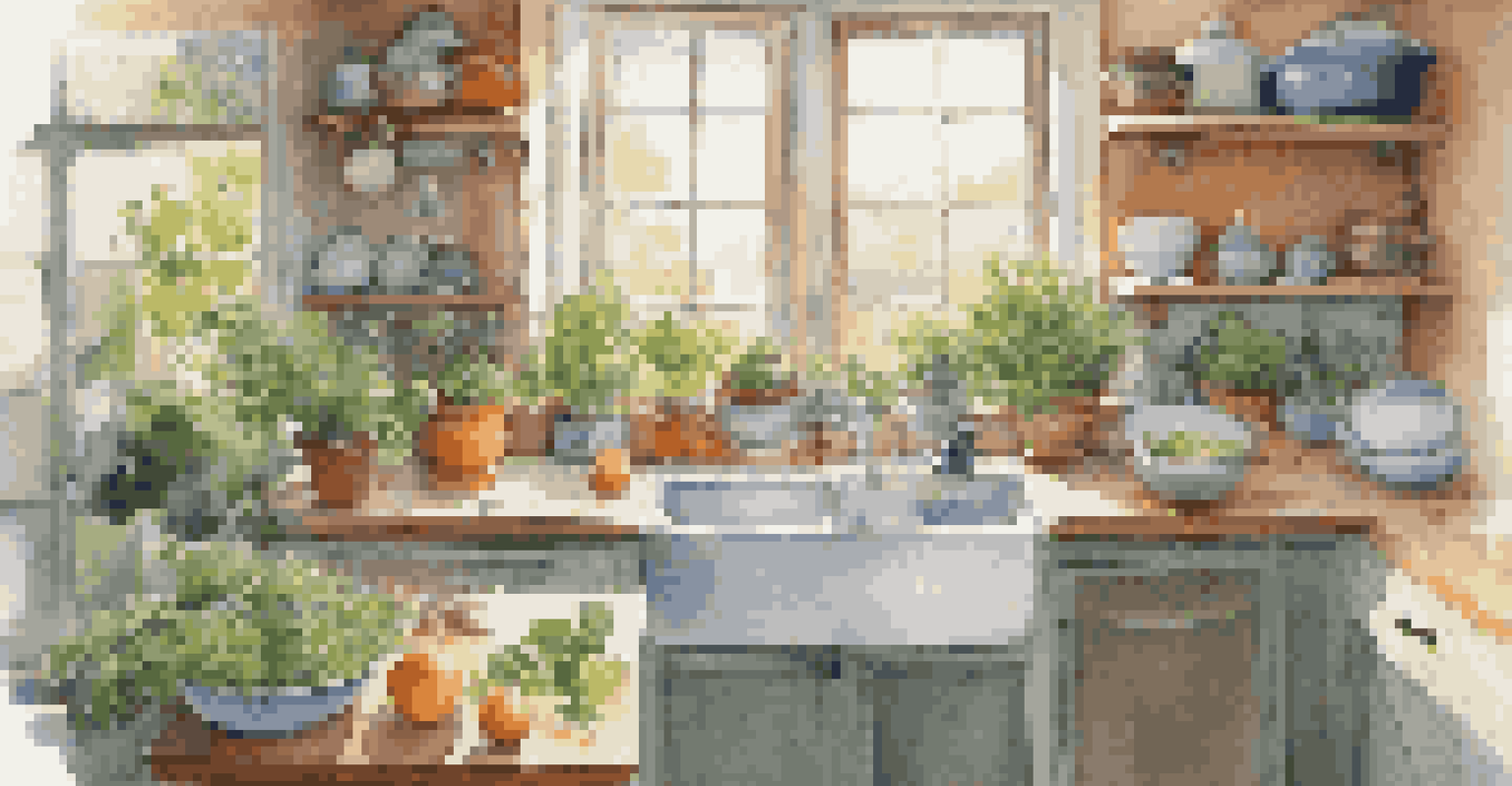 A cozy kitchen scene with a person mindfully washing dishes, surrounded by colorful dishware and soft morning light coming through a window.