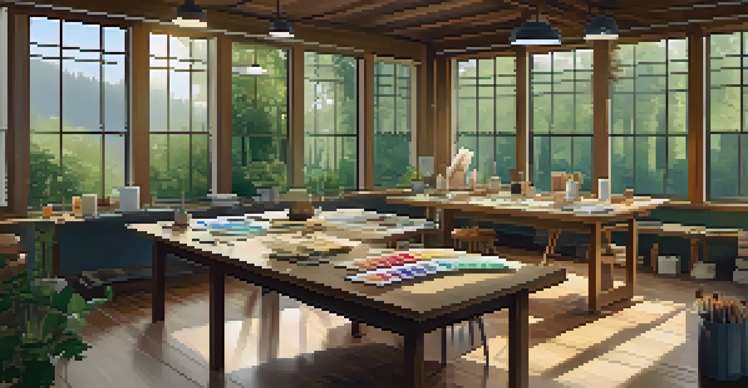 A workshop space at a digital detox retreat, with tables set up for creative activities, surrounded by natural light and forest views.