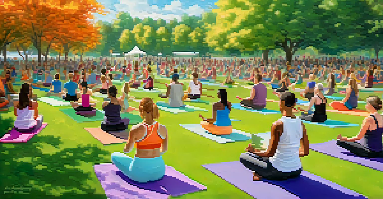An outdoor yoga class in a park with diverse participants on colorful mats, led by an instructor under a clear sky, creating a serene atmosphere.