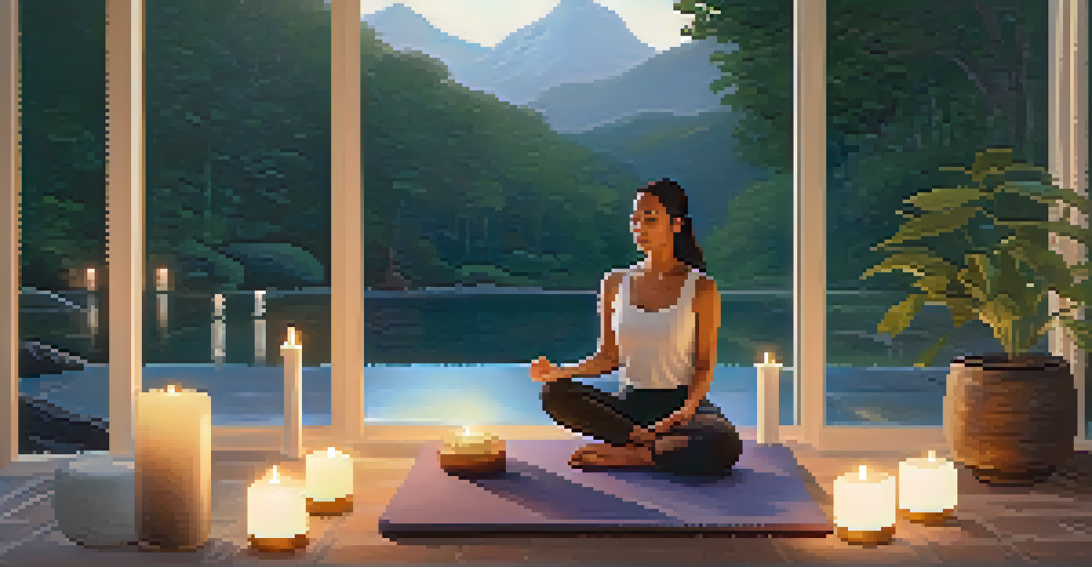 A person meditating on a yoga mat surrounded by candles and a peaceful outdoor view.