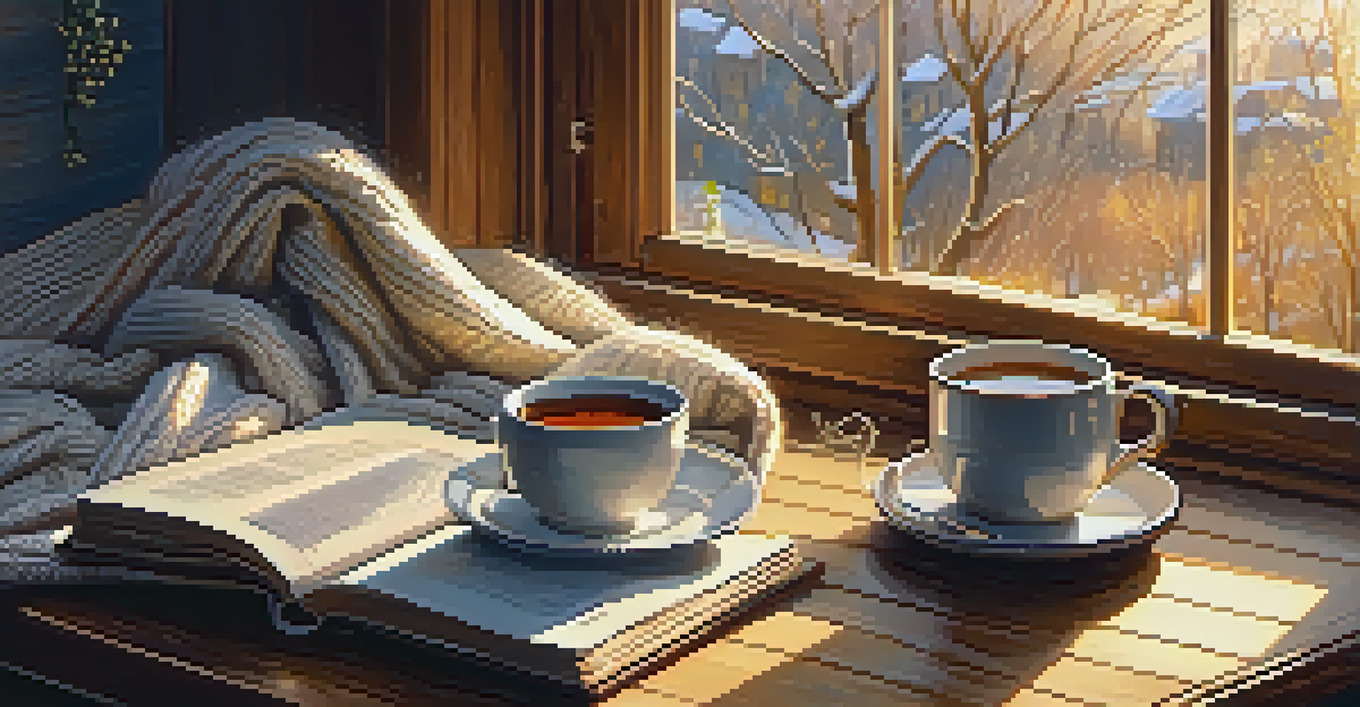 A cozy indoor setting with a cup of herbal tea, a knit blanket, and snow falling outside a window.