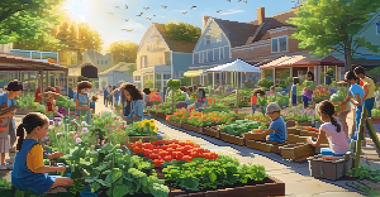 A lively community garden where people of all ages are planting flowers and vegetables, surrounded by colorful plants and under bright sunlight.