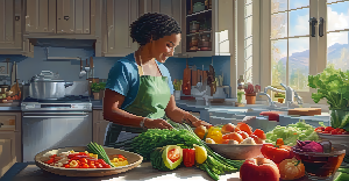 A health coach assisting a client in a vibrant kitchen filled with fresh ingredients and natural light.