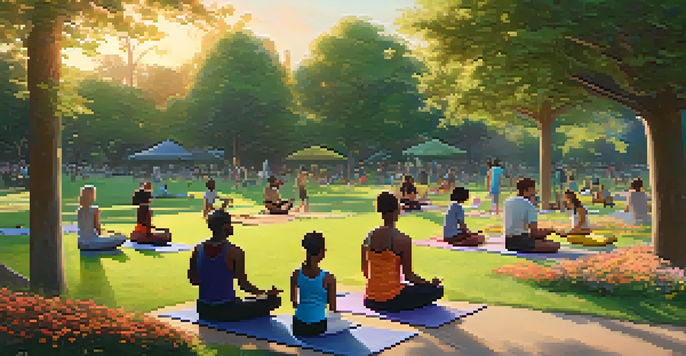 A diverse group of people enjoying a community park at sunset, with activities like conversing, playing games, and practicing yoga amidst greenery and blooming flowers.