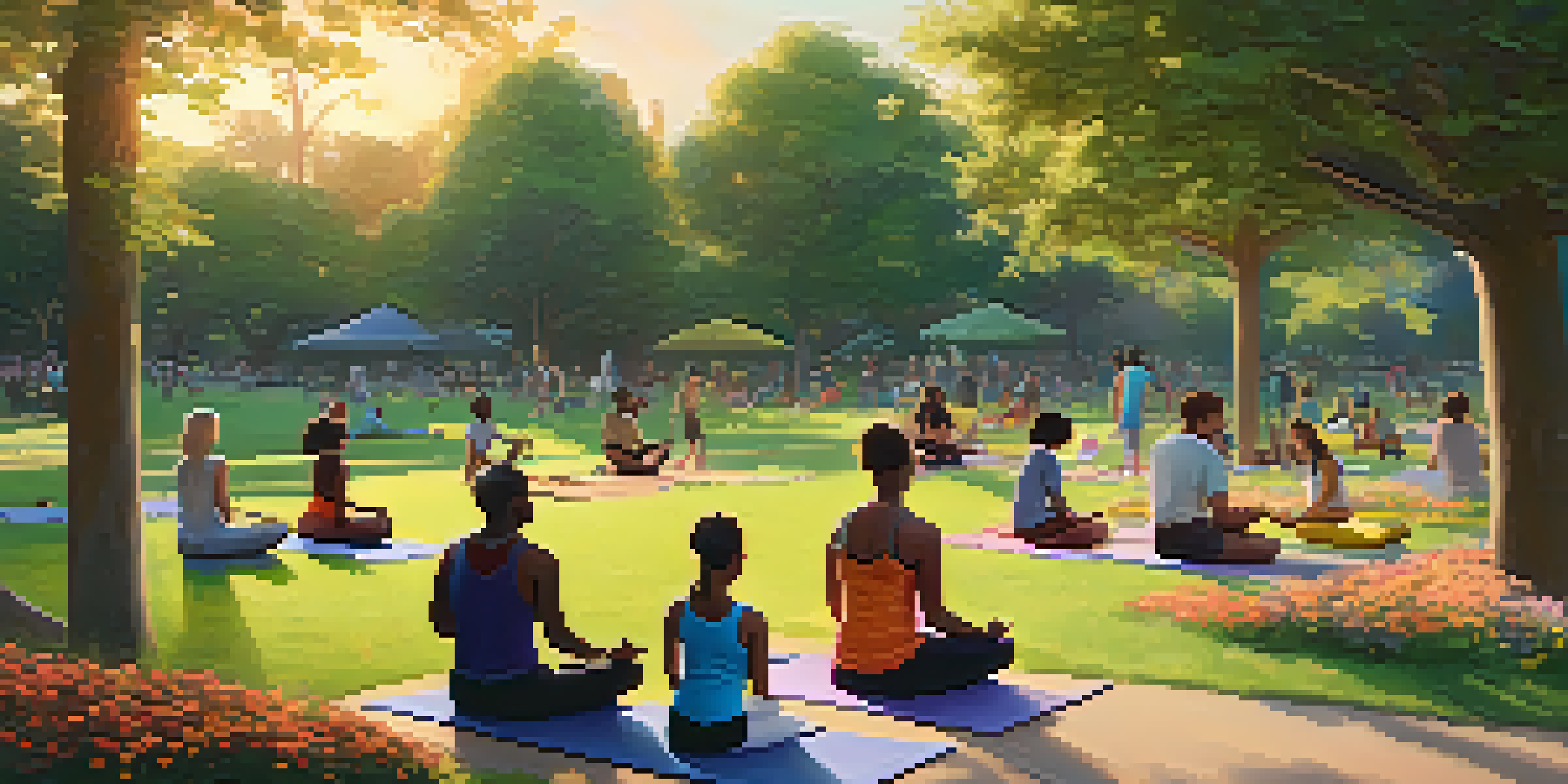 A diverse group of people enjoying a community park at sunset, with activities like conversing, playing games, and practicing yoga amidst greenery and blooming flowers.