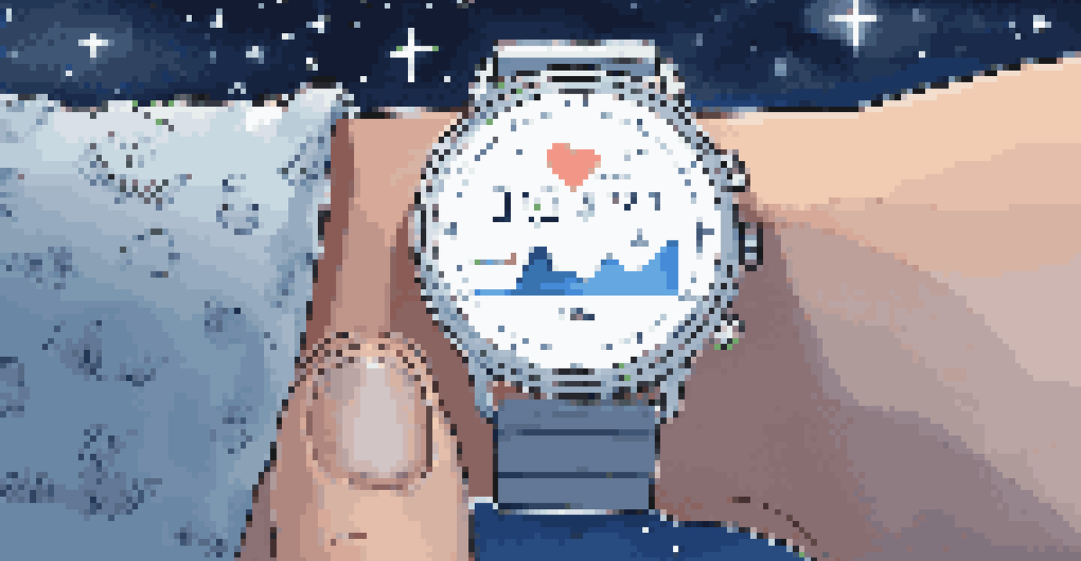 A smartwatch with sleep data displayed, surrounded by clouds and stars in a night sky background.