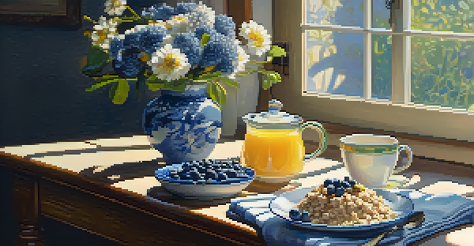 A breakfast scene with oatmeal topped with blueberries and walnuts, a cup of tea, and a vase of flowers on a wooden table.