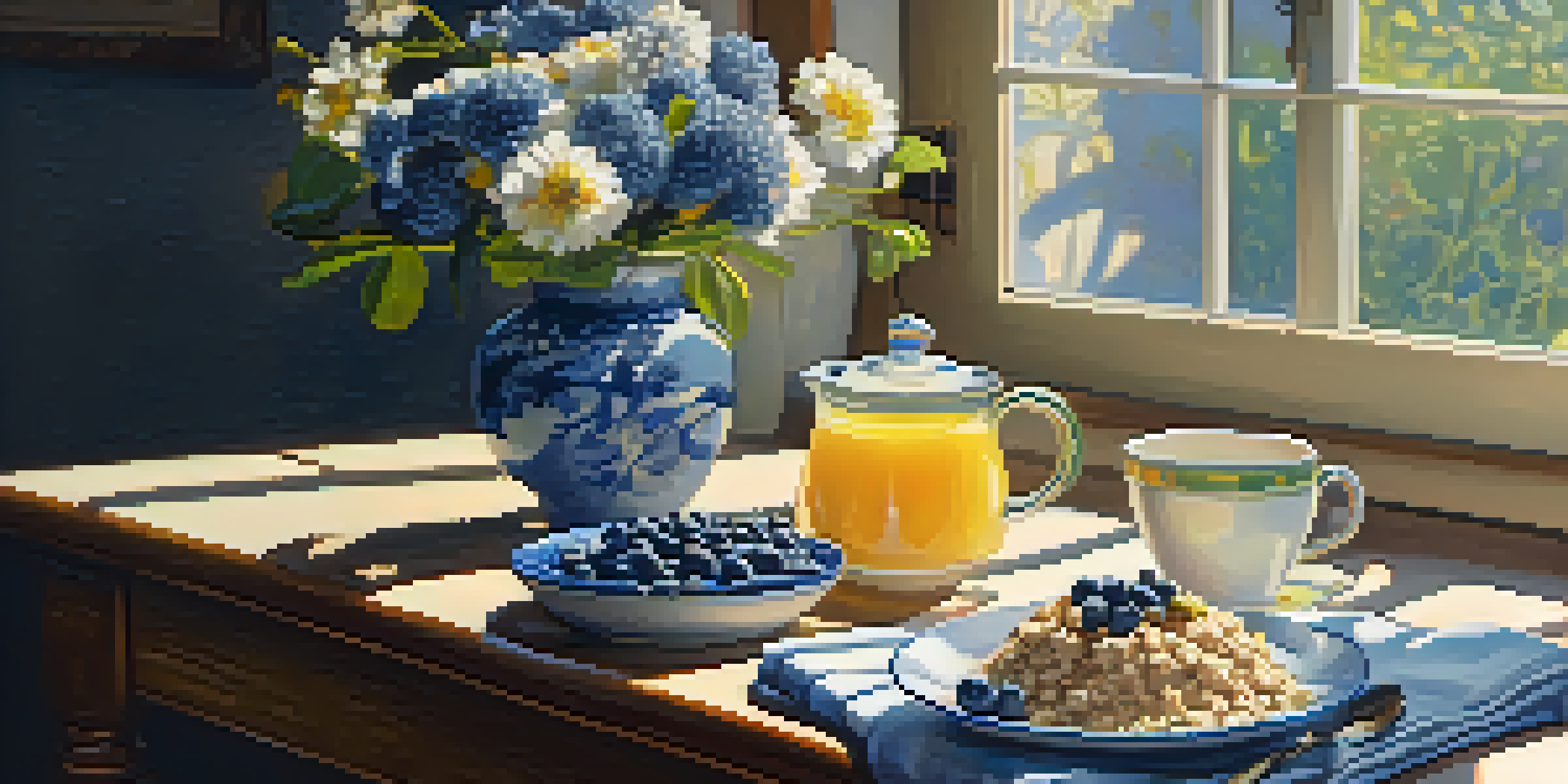 A breakfast scene with oatmeal topped with blueberries and walnuts, a cup of tea, and a vase of flowers on a wooden table.