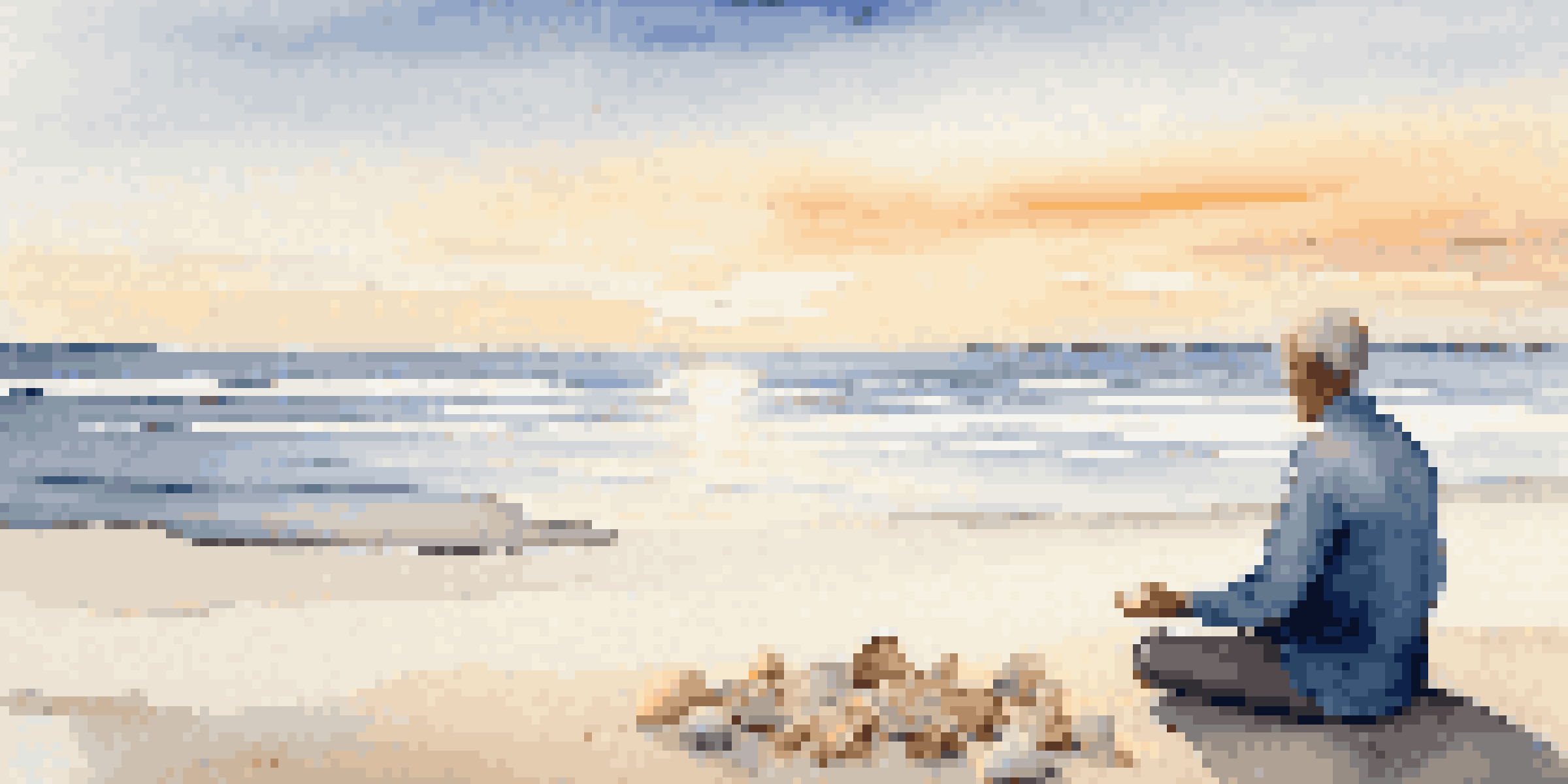 A person practicing mindfulness meditation on a tranquil beach at sunrise, with soft waves and warm light.