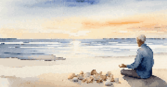A person practicing mindfulness meditation on a tranquil beach at sunrise, with soft waves and warm light.