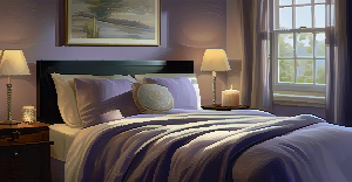 A cozy bedroom with a neatly made bed, soft pillows, warm lighting, and a bedside table with a candle and a book, illustrating a peaceful sleeping environment.