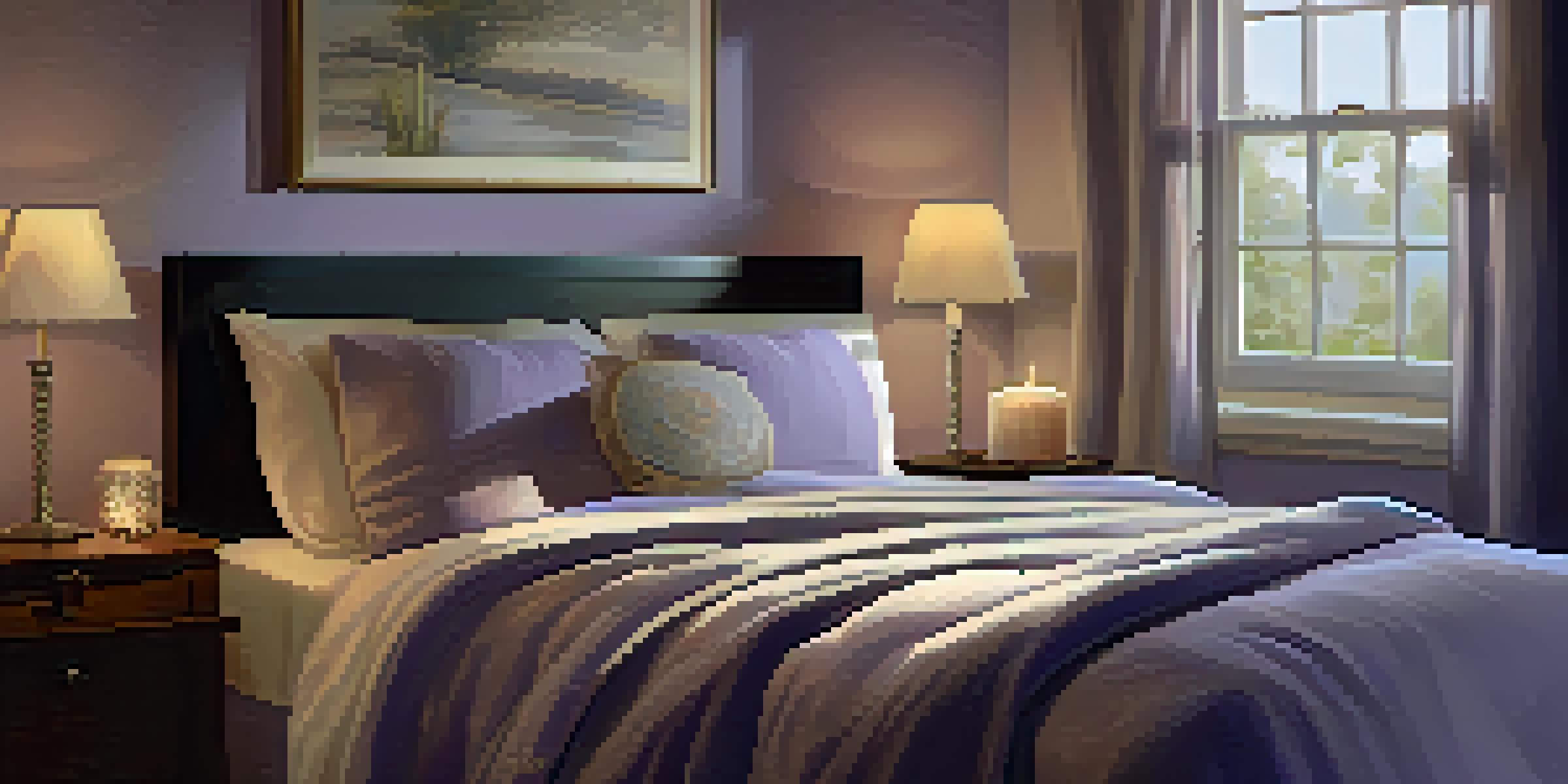 A cozy bedroom with a neatly made bed, soft pillows, warm lighting, and a bedside table with a candle and a book, illustrating a peaceful sleeping environment.