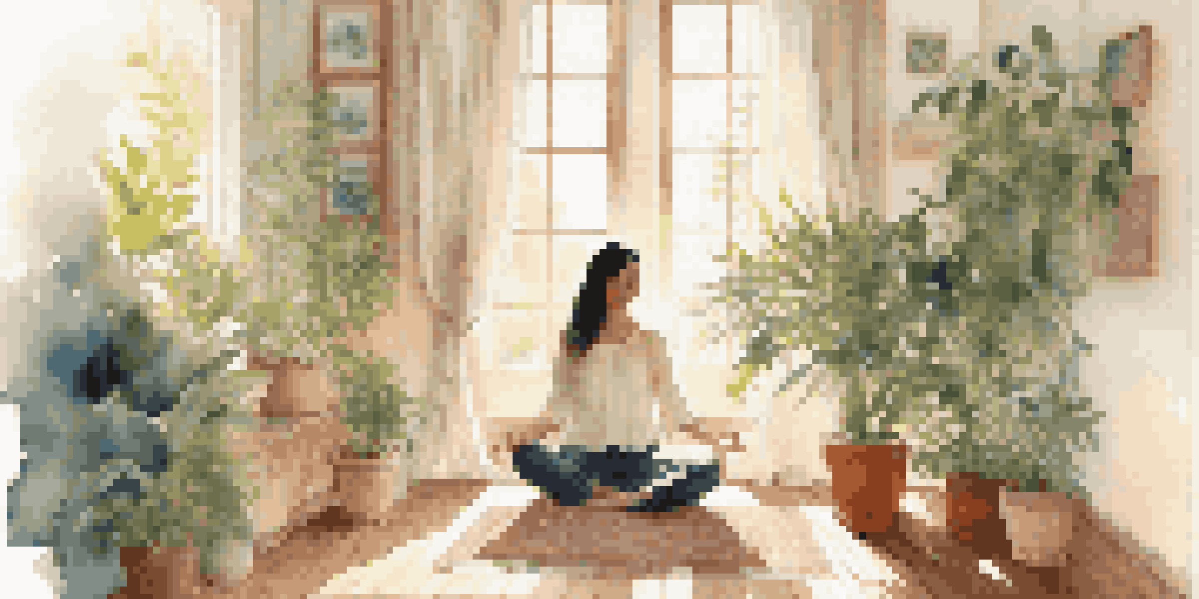 A woman meditating in a bright room filled with plants, exuding calm and peace.