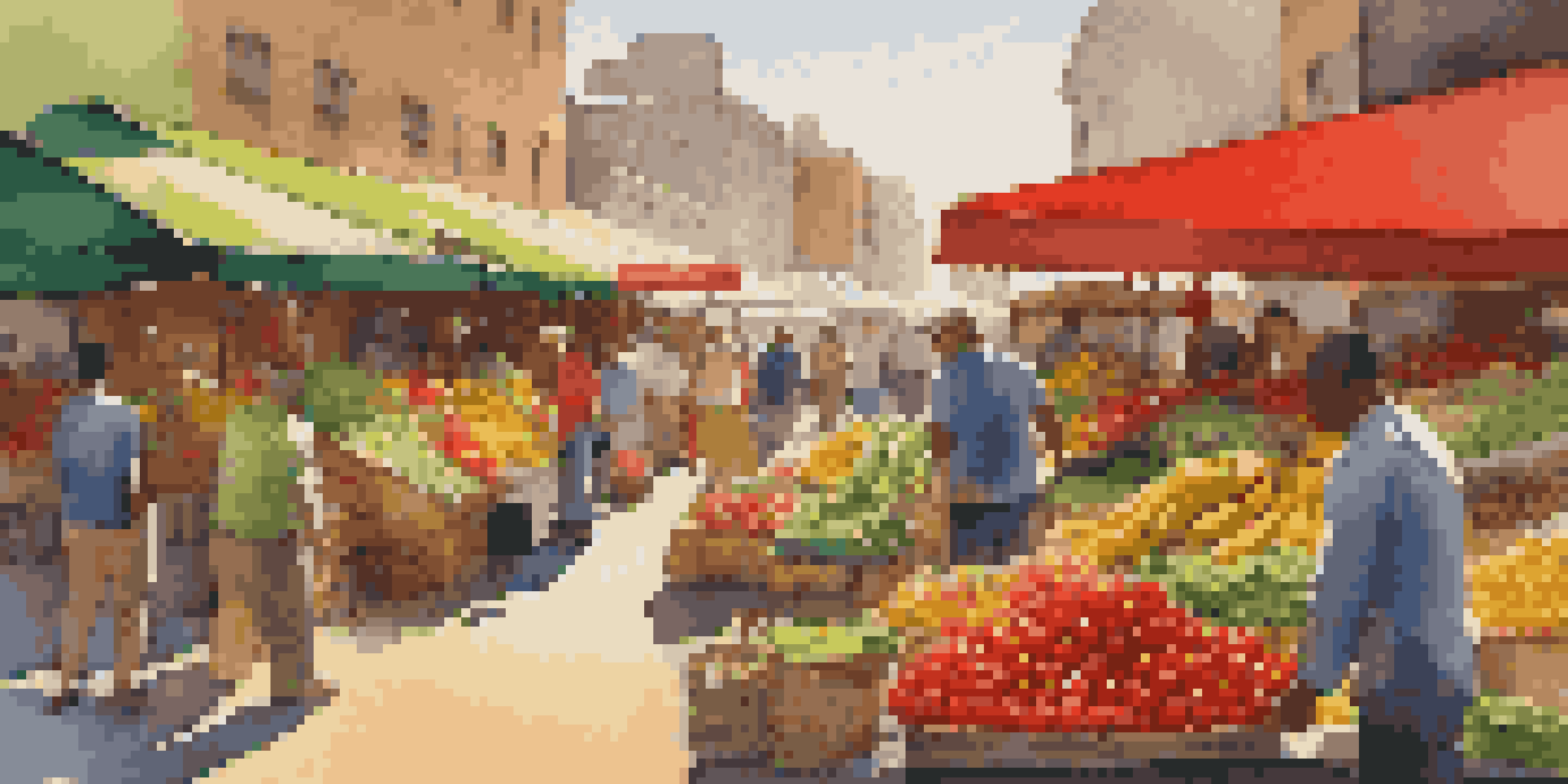A lively market scene with fresh fruits and vegetables under warm sunlight, featuring shoppers picking produce.
