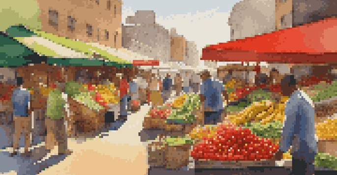 A lively market scene with fresh fruits and vegetables under warm sunlight, featuring shoppers picking produce.