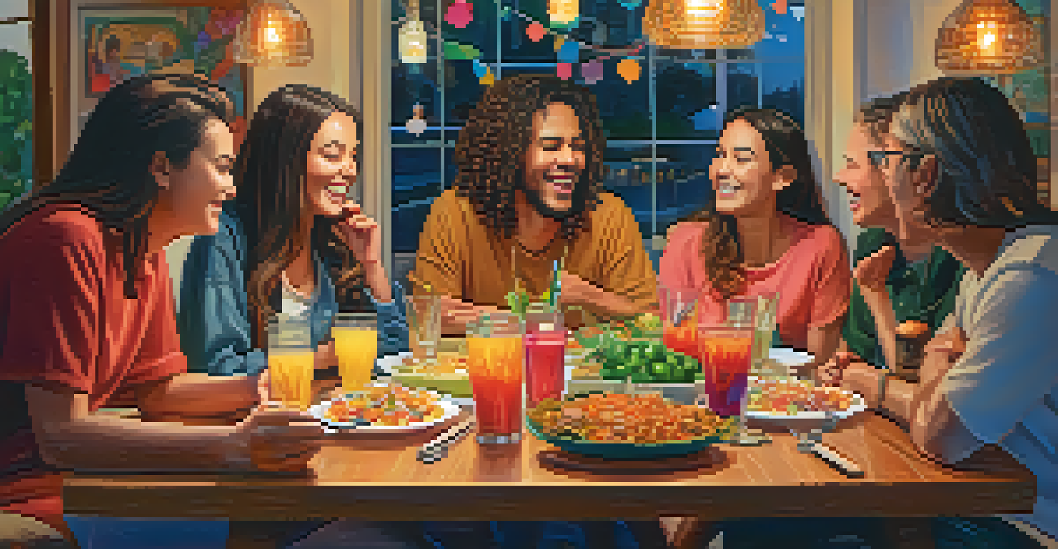 A group of friends enjoying a meal and engaging in a lively conversation in a warm, inviting room.