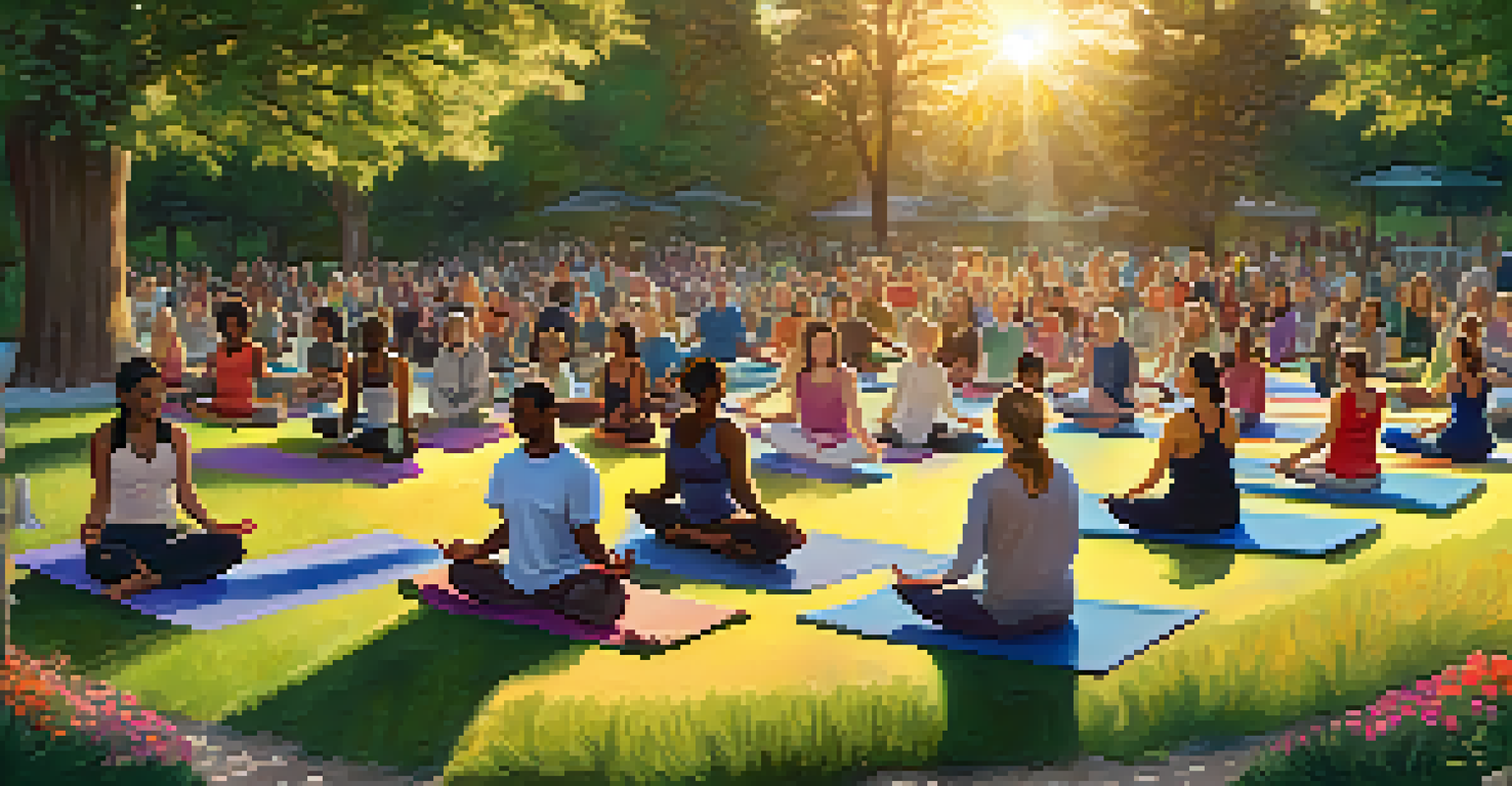 A diverse group practicing mindfulness in a park at sunset, sitting on yoga mats surrounded by trees and flowers.