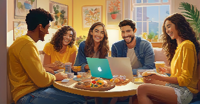 A cozy room where friends are participating in a virtual hangout, smiling and enjoying each other's company over laptops with snacks around them.