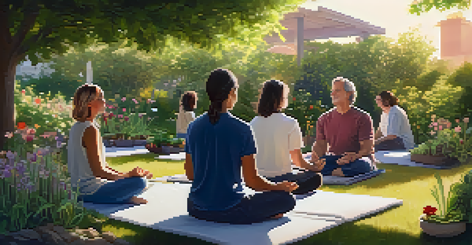Individuals meditating in a community garden during the golden hour, surrounded by blooming flowers and greenery.