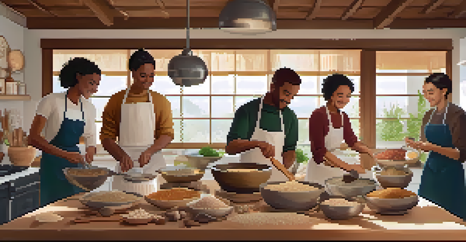 Participants in a cozy cooking class focus on preparing whole grains, surrounded by bowls of quinoa, brown rice, and farro.