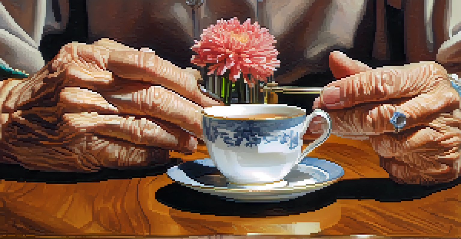 Hands of an older adult and a younger person sharing a cup of tea, symbolizing intergenerational connection.