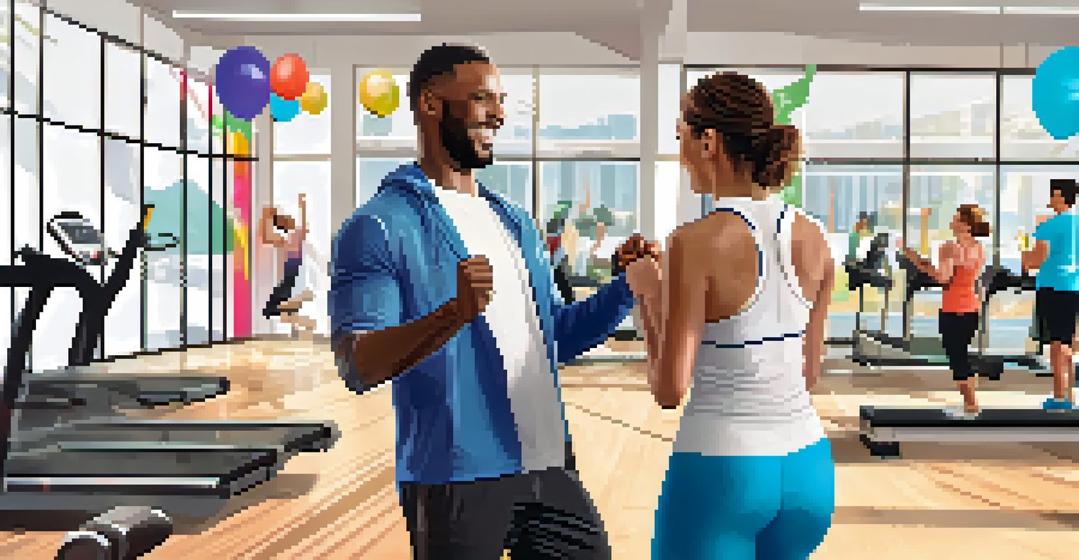 A health coach and a client celebrating a fitness milestone with a high-five in a bright gym.