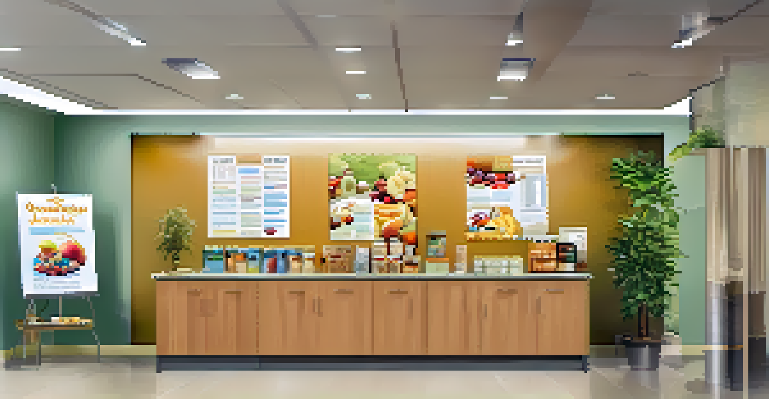 A corporate break room with a healthy snack station and a notice board promoting oral health tips.