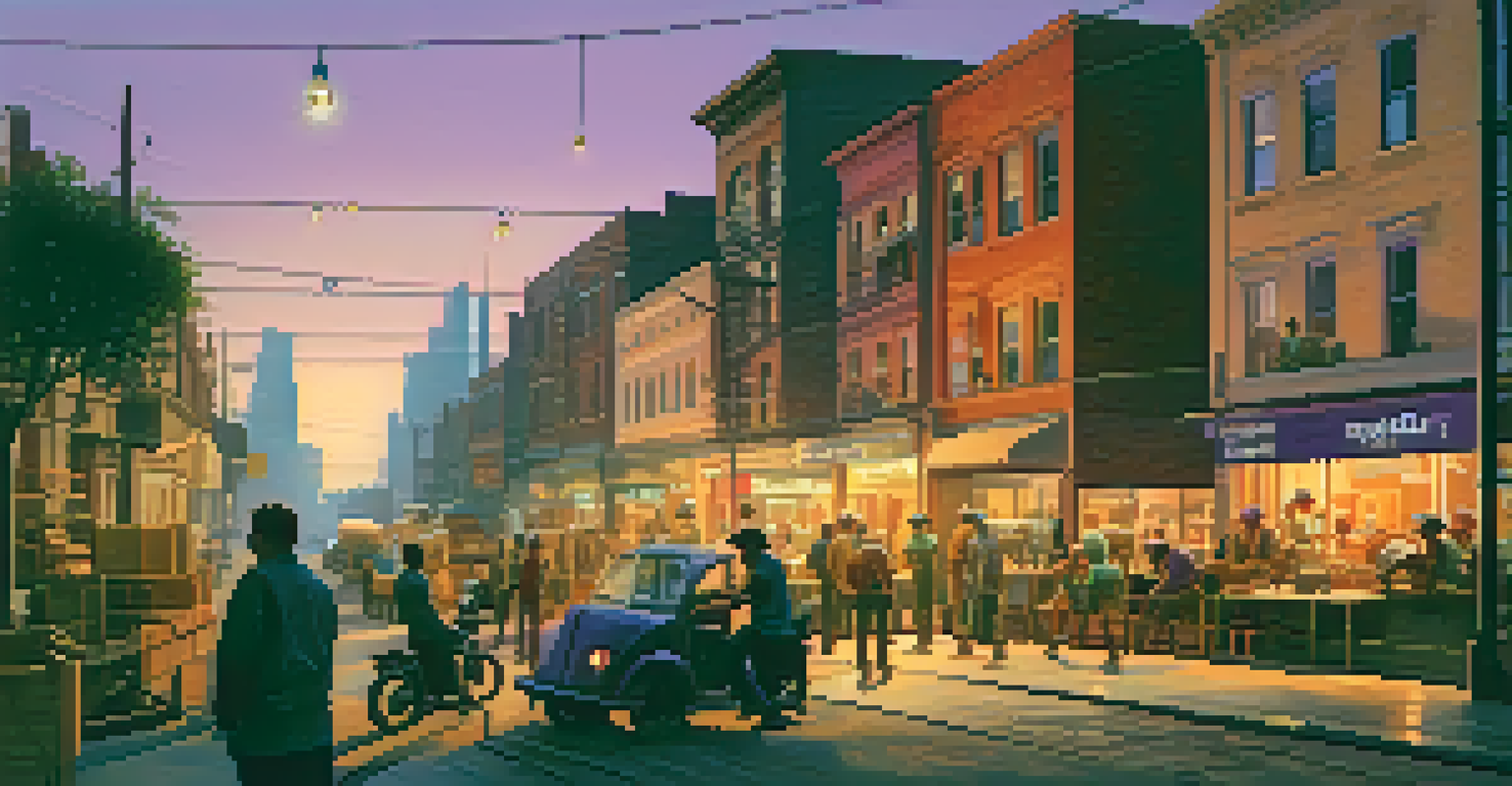 A city street at dusk with a busy construction site and a quiet cafe, illustrating a contrast between noise and peace.