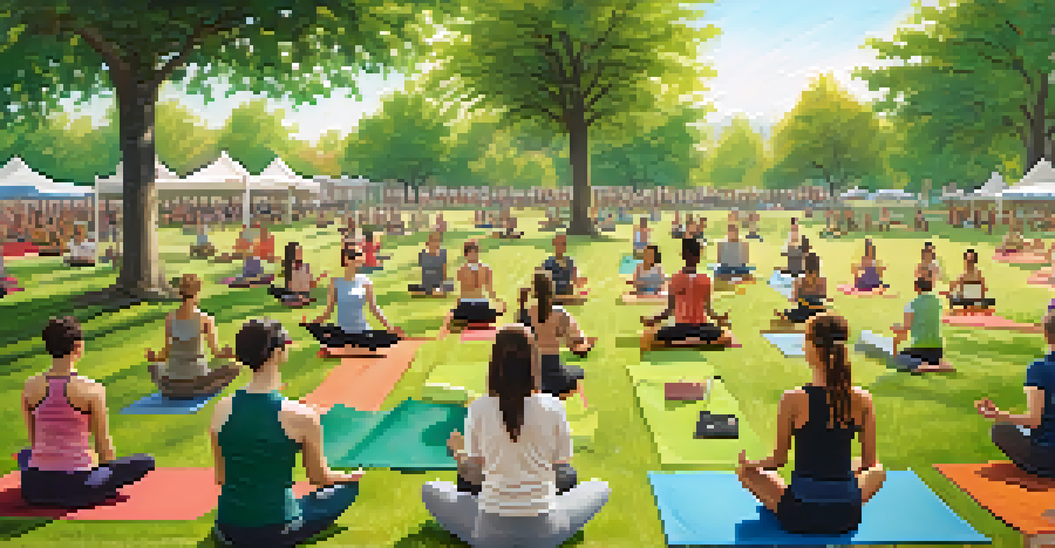 An outdoor community yoga class in a park with people practicing on eco-friendly mats, surrounded by trees and a banner about sustainability.