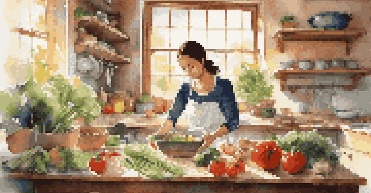 A person preparing a meal in a sunny kitchen, surrounded by fresh ingredients and cooking utensils.