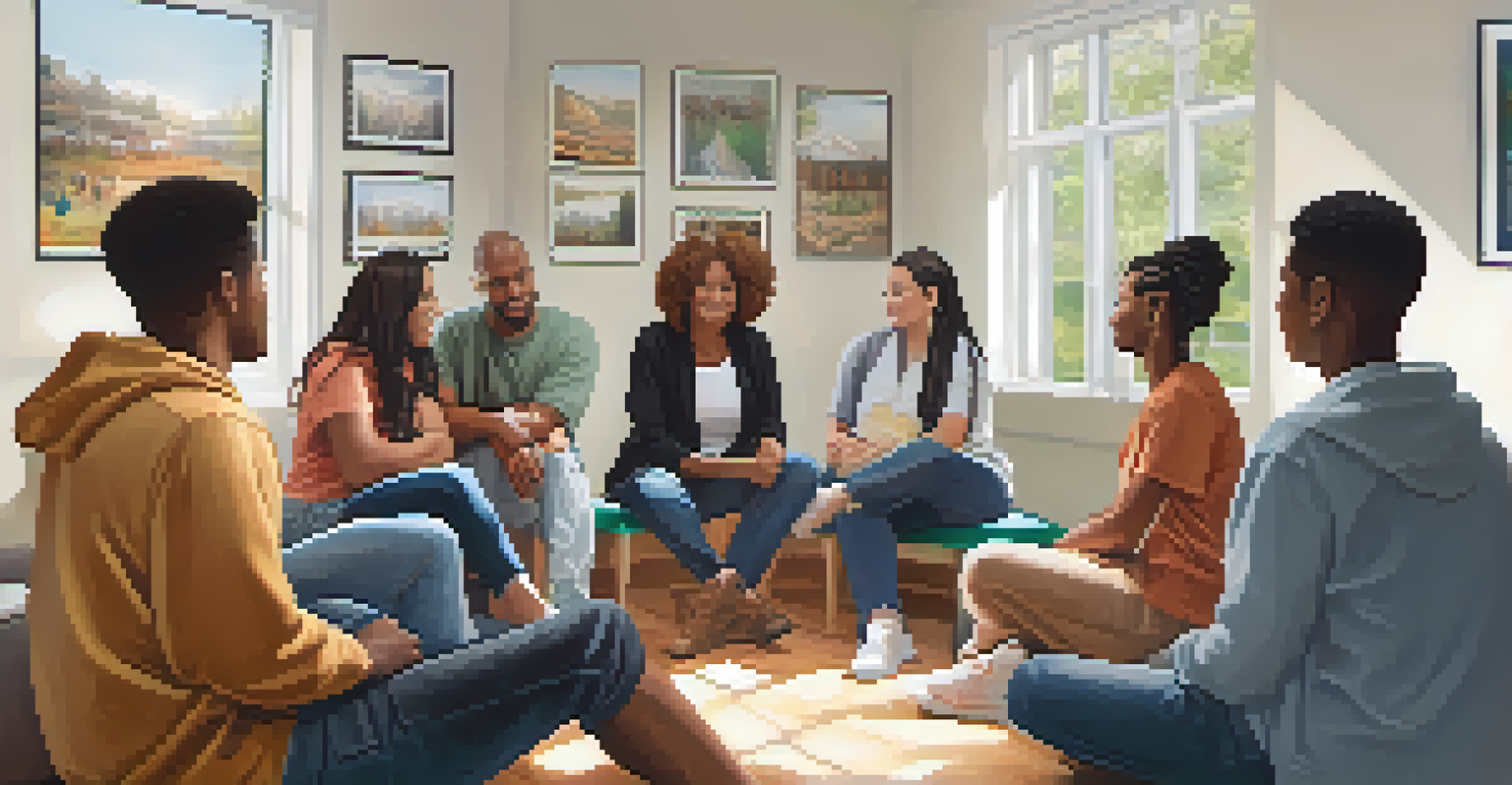 A supportive group of diverse individuals engaged in conversation in a bright room.