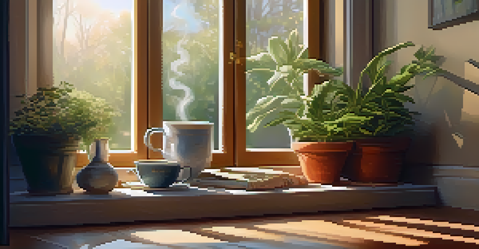A cozy corner with a yoga mat, a cup of herbal tea, and sunlight streaming through a window, surrounded by potted plants.