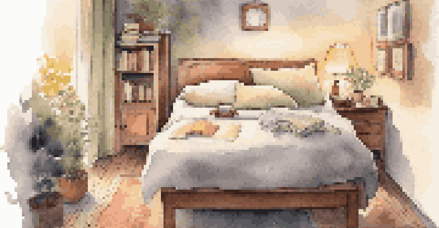 A cozy bedroom with soft lighting, a neatly made bed, and a candle on the bedside table.