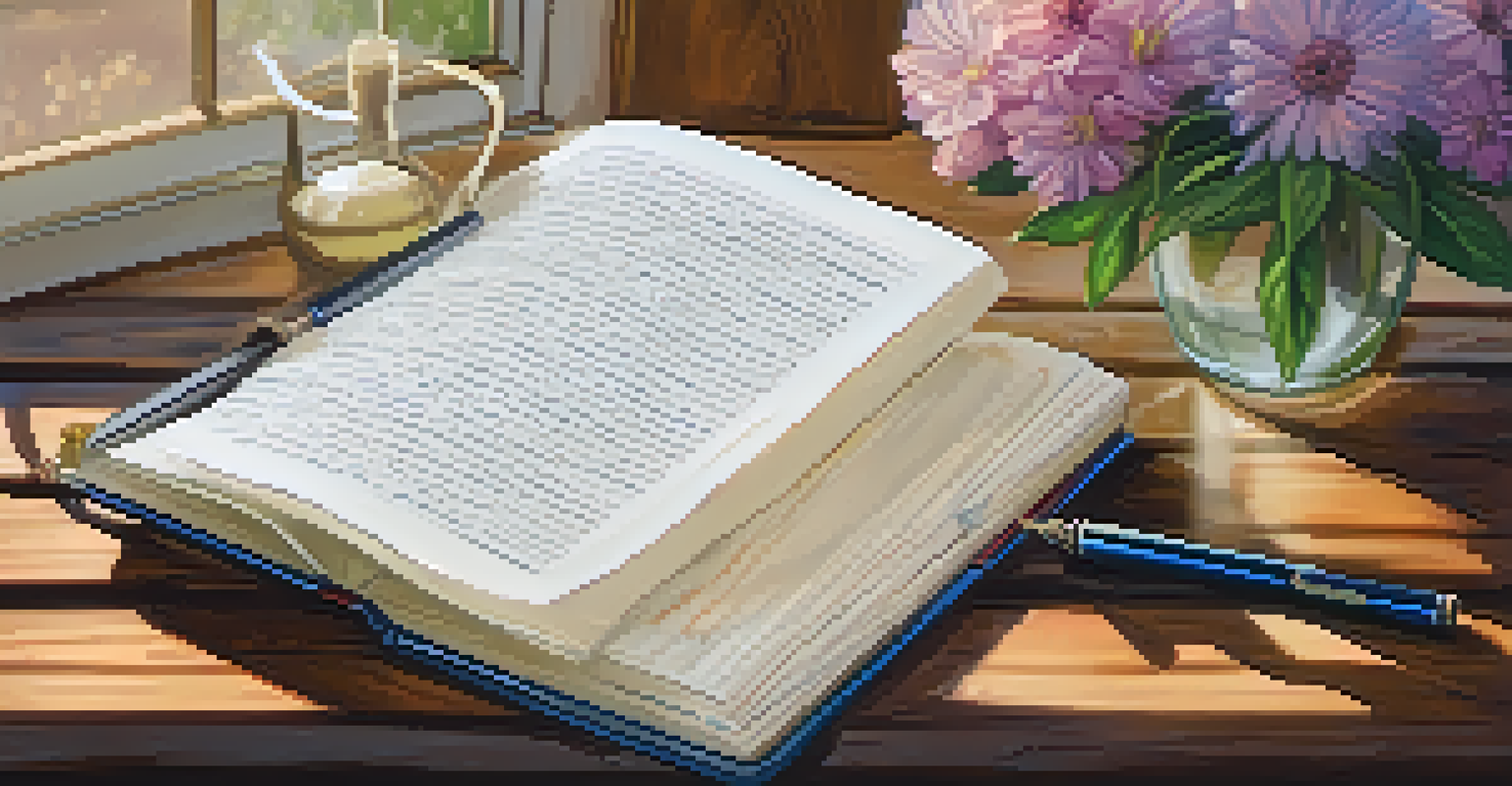 A close-up of an open journal with handwritten notes about self-compassion, surrounded by flowers and a cup of tea on a wooden table.