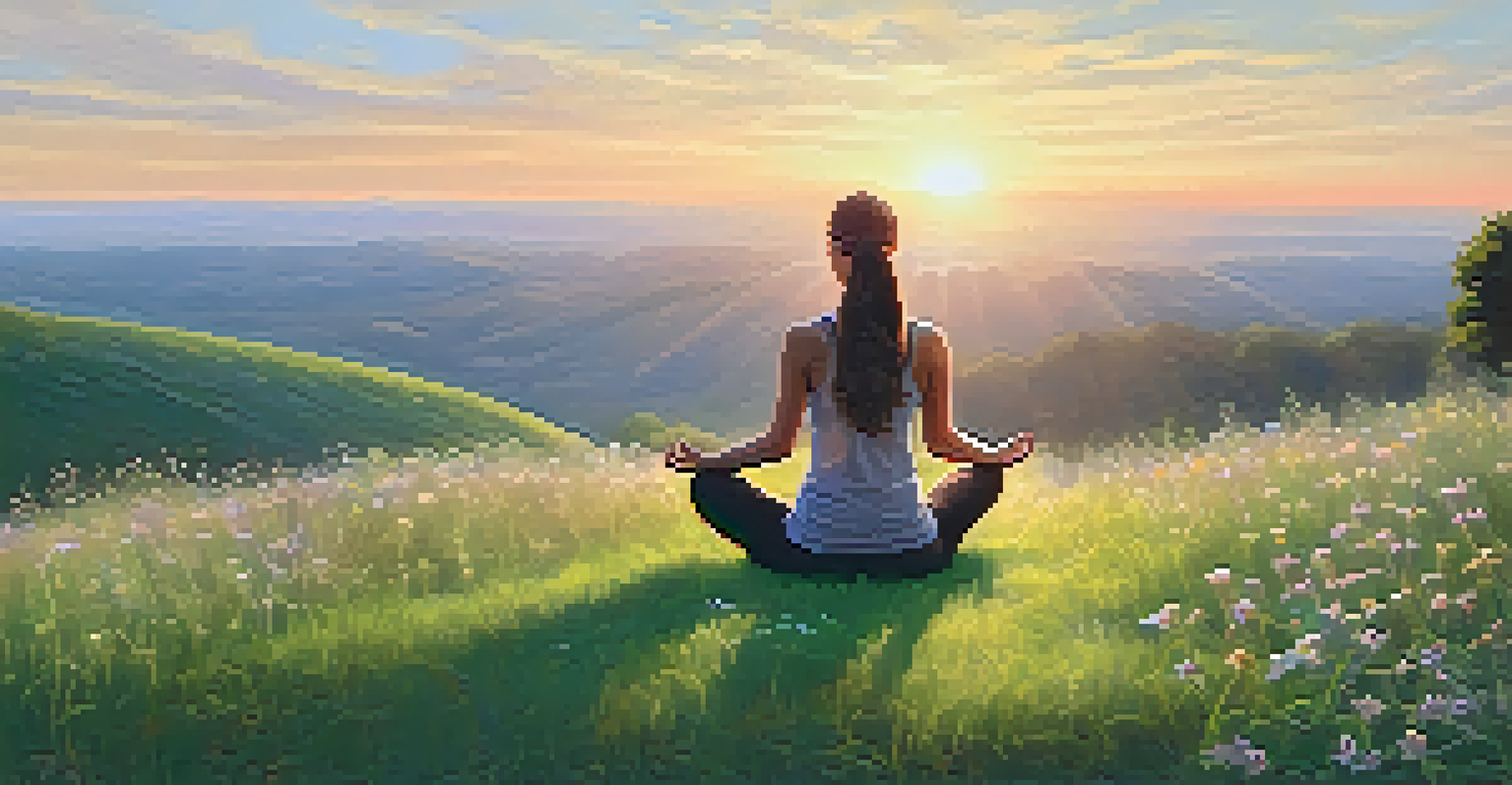 A person practicing yoga on a grassy hilltop at sunrise, surrounded by greenery and wildflowers.