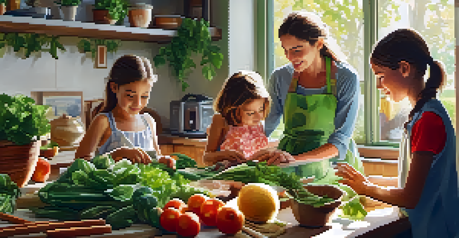 A family happily cooking in a sunny kitchen, with fresh ingredients and children participating in meal preparation.