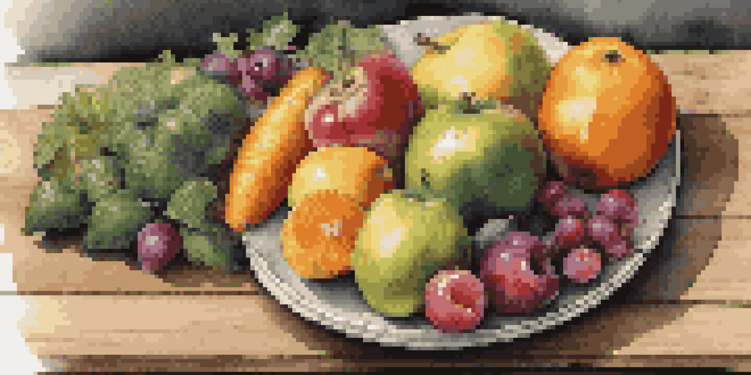 A colorful plate of fruits and vegetables on a wooden table, illuminated by soft natural light, with a handwritten recipe card beside it.