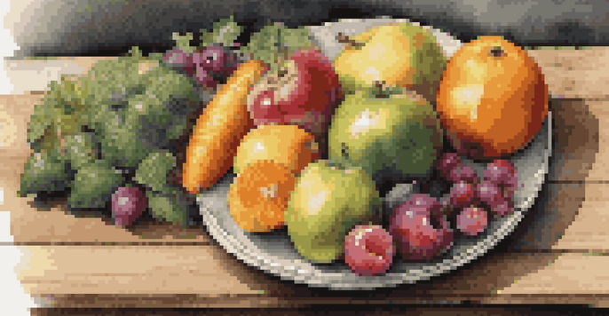 A colorful plate of fruits and vegetables on a wooden table, illuminated by soft natural light, with a handwritten recipe card beside it.