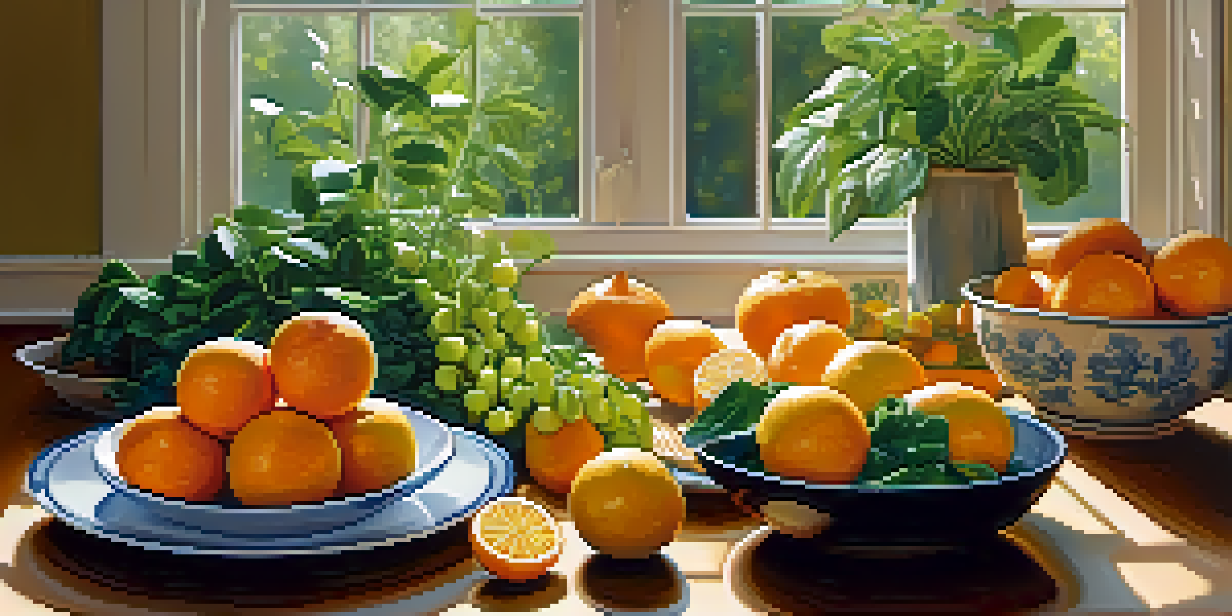A bright kitchen with a wooden table displaying a variety of colorful fruits and leafy greens, illuminated by sunlight.