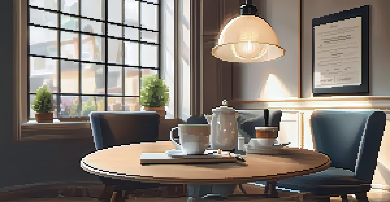 A cozy coffee corner in an office with a small table and chairs, featuring a cup of coffee, notepad, and warm decorations.