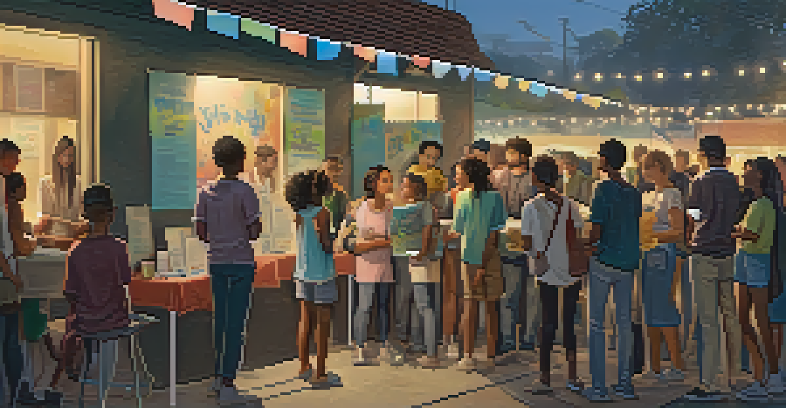 A youth-led community event promoting mental health awareness, with young people discussing at a booth surrounded by banners and pamphlets in a warm, inviting environment.