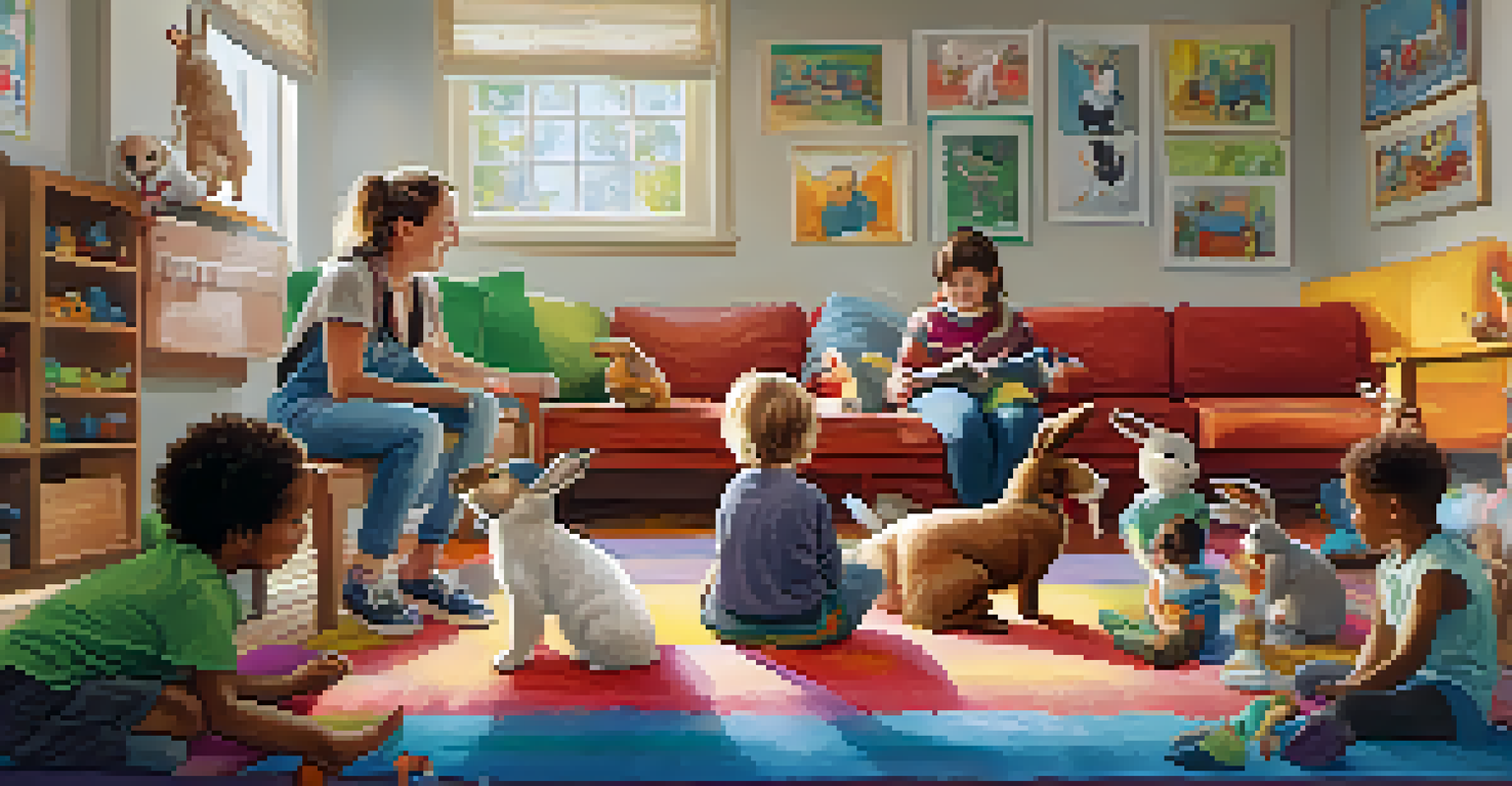 Children in a colorful room playing with a therapy dog and a rabbit, creating a joyful and warm atmosphere.