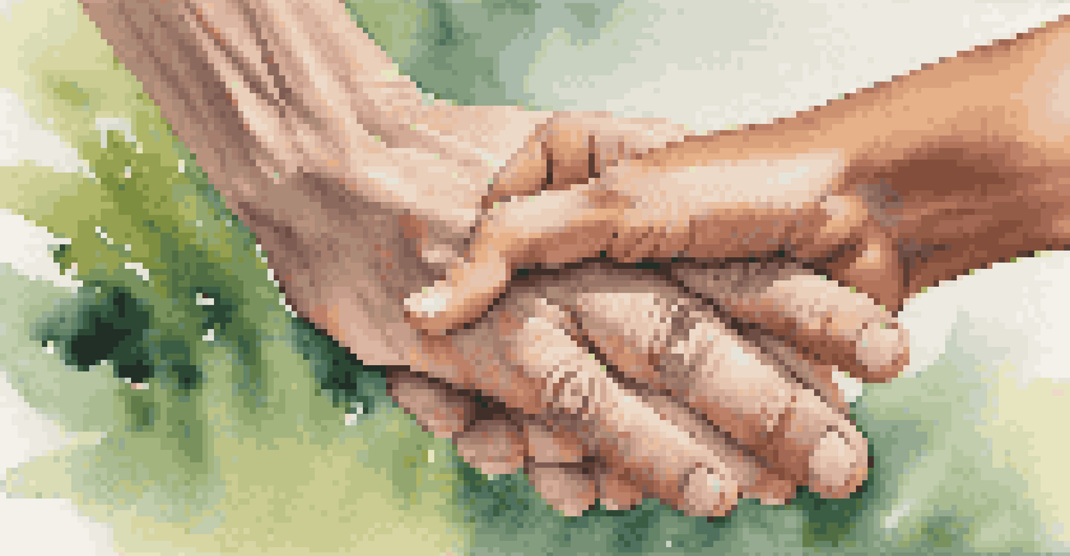 A close-up of an adult's hand and a young person's hand clasped together, symbolizing support and connection.