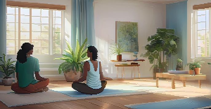 A health coach and client engaged in a mindfulness session in a calming, softly lit room with plants and comfortable seating.