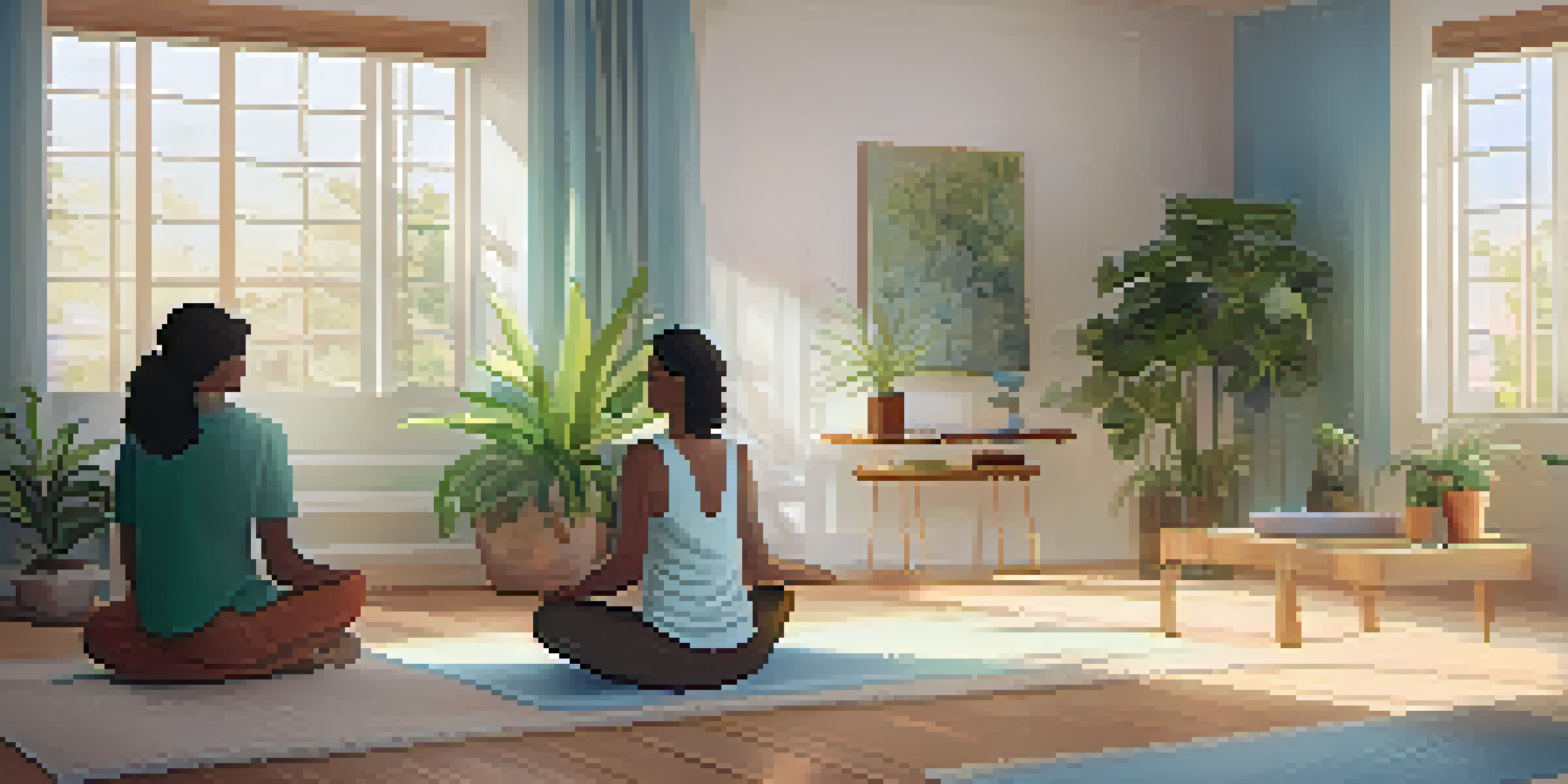 A health coach and client engaged in a mindfulness session in a calming, softly lit room with plants and comfortable seating.