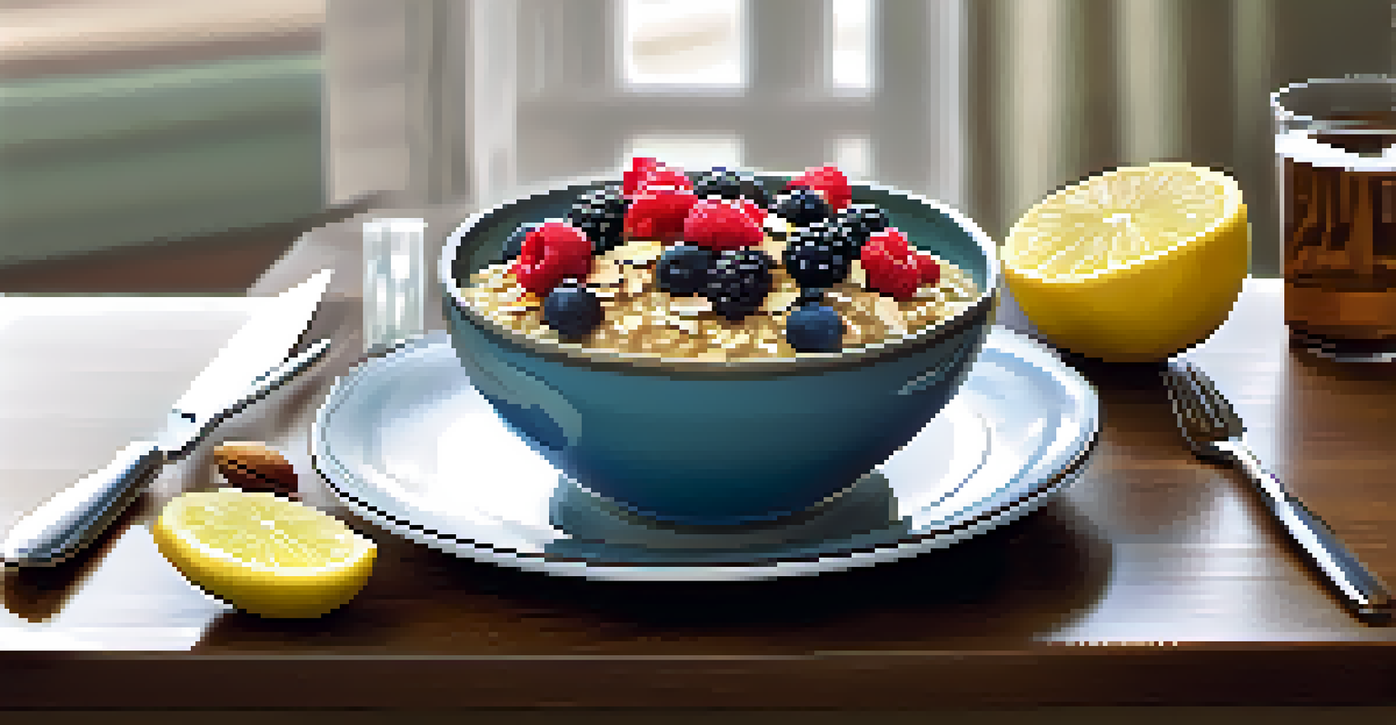 A dining table with a bowl of oatmeal topped with berries and nuts, and a glass of lemon-infused water.