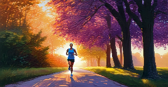 A person jogging on a tree-lined path at sunrise, with warm golden light and a colorful sky.