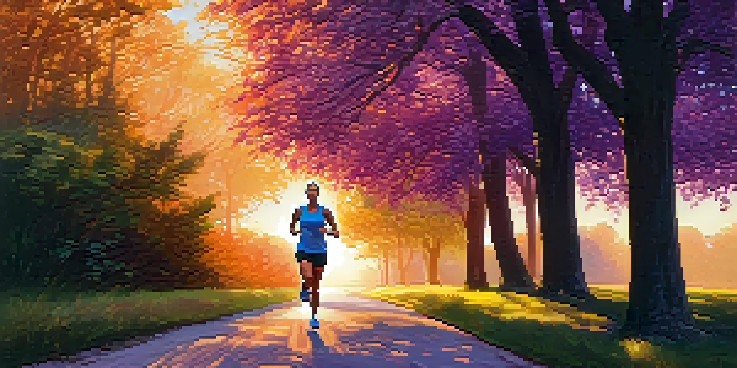 A person jogging on a tree-lined path at sunrise, with warm golden light and a colorful sky.
