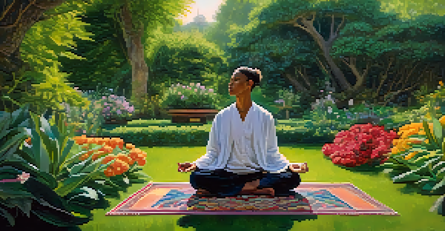 A tranquil outdoor meditation scene with a person sitting in a garden, surrounded by flowers and a container of frankincense oil.
