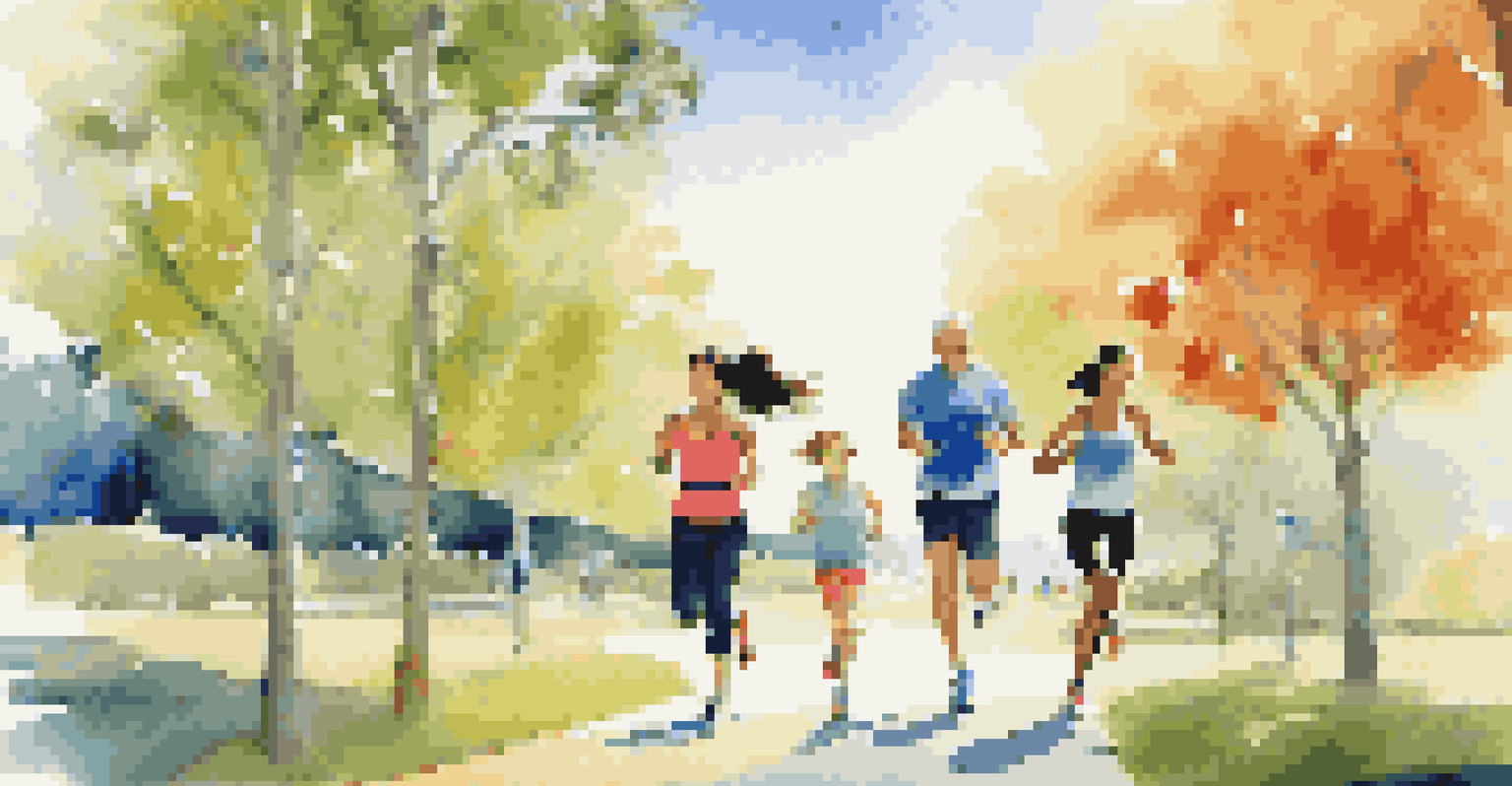 A family jogging in a park, wearing fitness trackers and smartwatches, with trees and a clear sky in the background.
